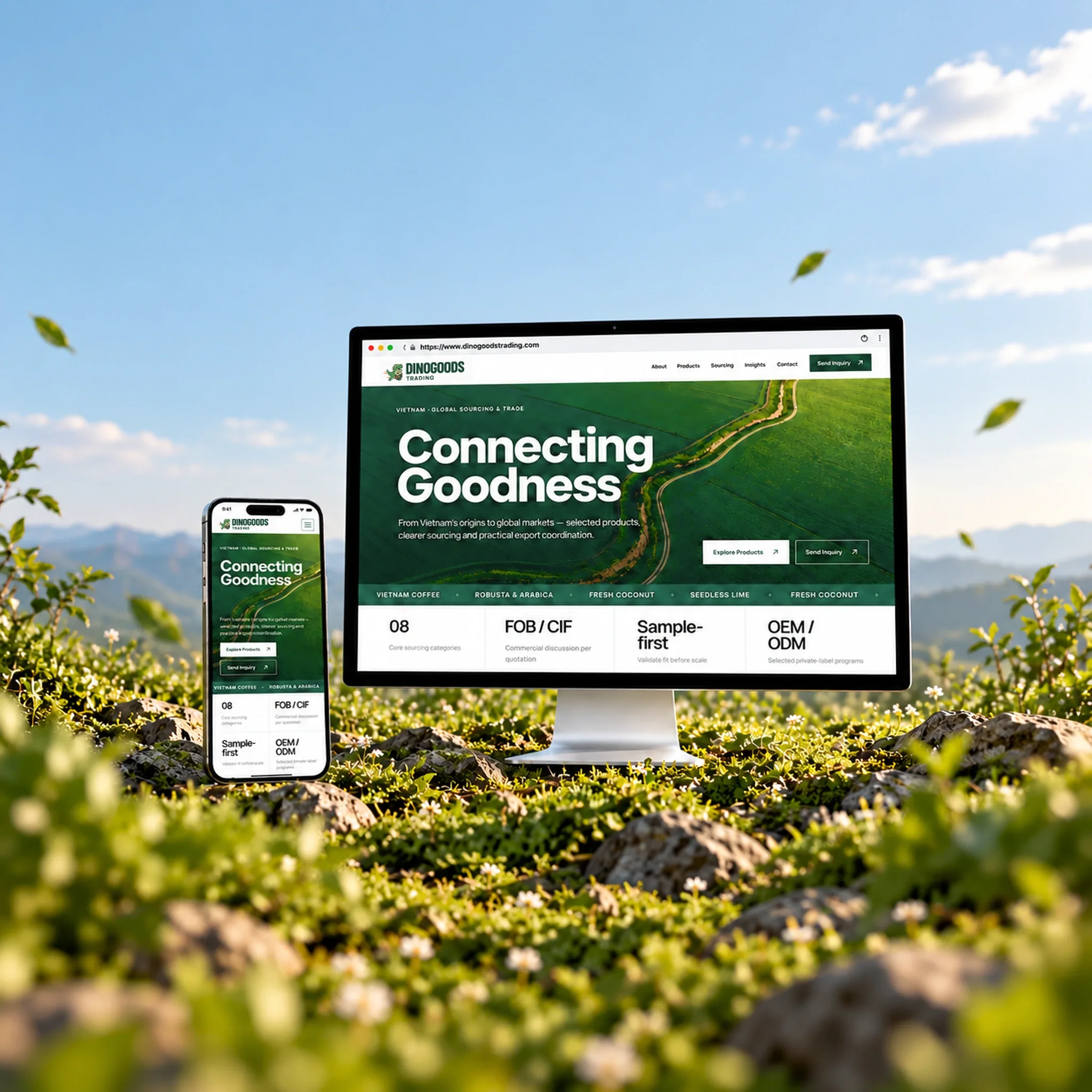 DINOGOODS Trading — Corporate Export Website — Homepage presentation / desktop and mobile