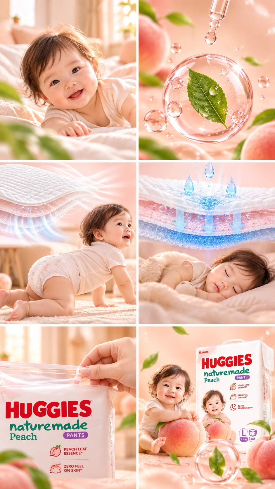 Huggies Naturemade Peach — Peach care system / lifestyle + product benefit montage